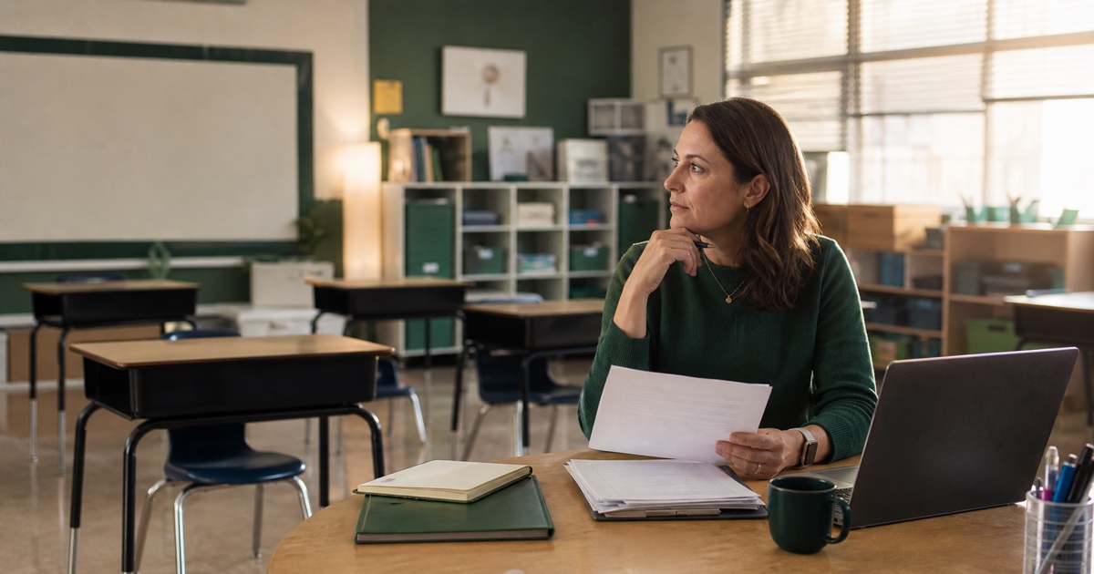 A school behavior analyst reviews a referral while considering the surrounding classroom environment.